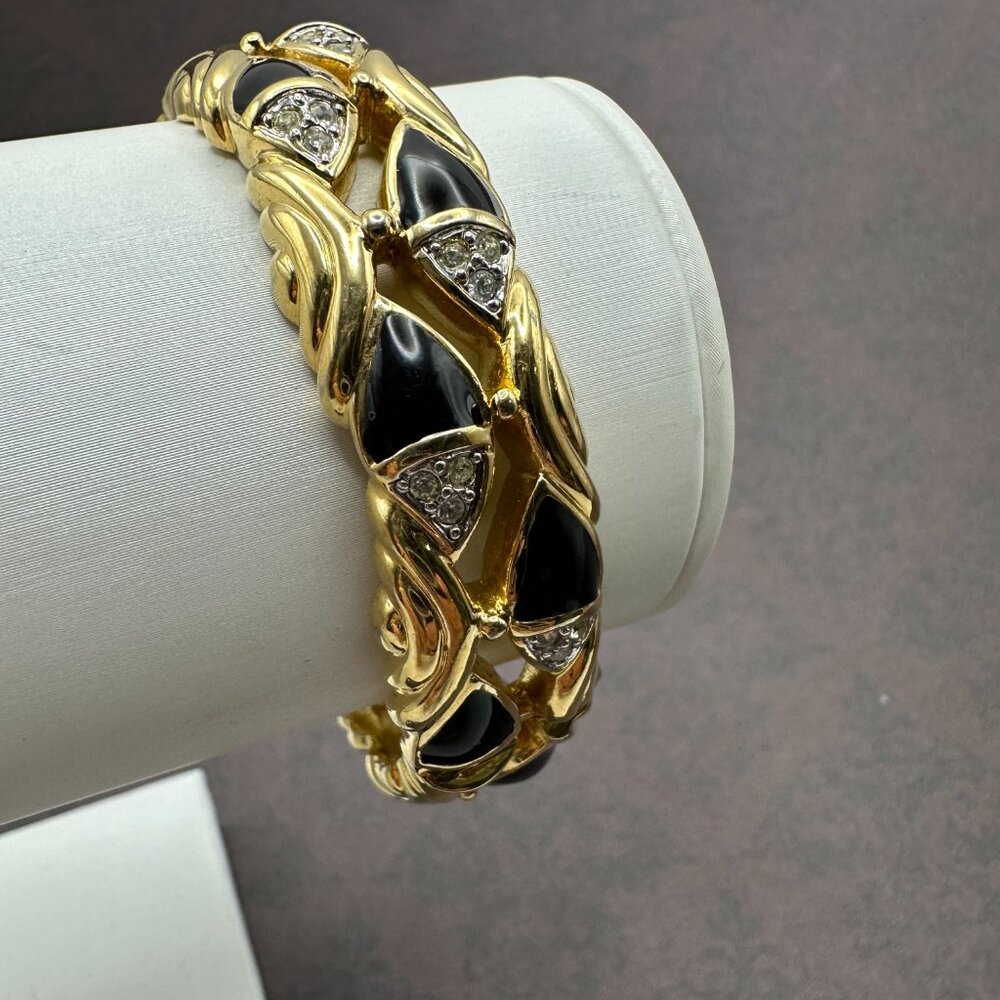 Vintage Saks Fifth Avenue Gold-Tone and Black Enamel and Quartz Bracelet - Picture 6 of 12